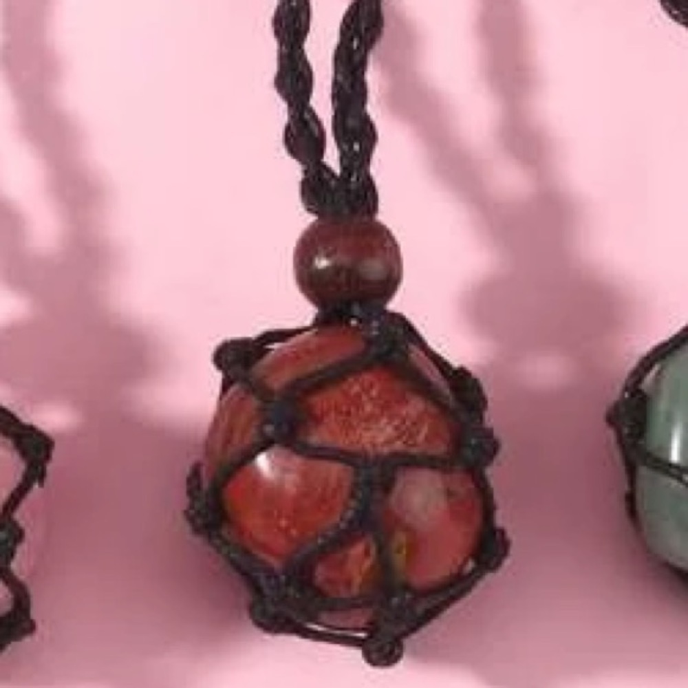 Macrame Carnelian Colored Stone Rope Necklace